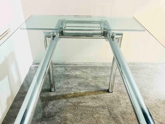 Image 1 of Steel Line (Italy) - Le Corbusier Style - Extending Chrome & Glass Table