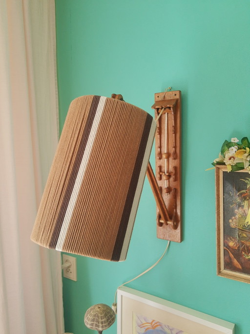 Unique original 70s 3-position fold-out wooden wall lamp with original lampshade