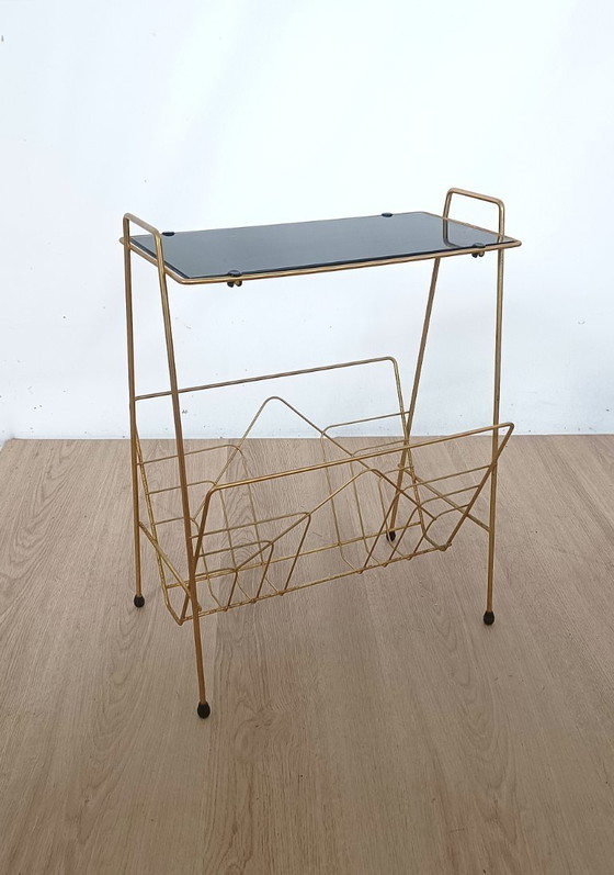 Image 1 of Fifties side table with magazine rack and glass top