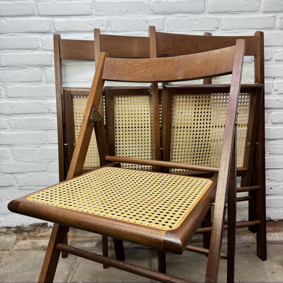 Image 1 of 4 x Chaises pliantes en bois cannées Mid Century - design italien avec cannage en sangle