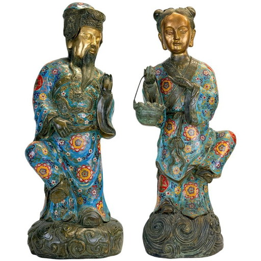 Monumentales chinesisches Cloisonné-Paar Lü Dongbin und Lan Caihe – Qing, 19. Jahrhundert