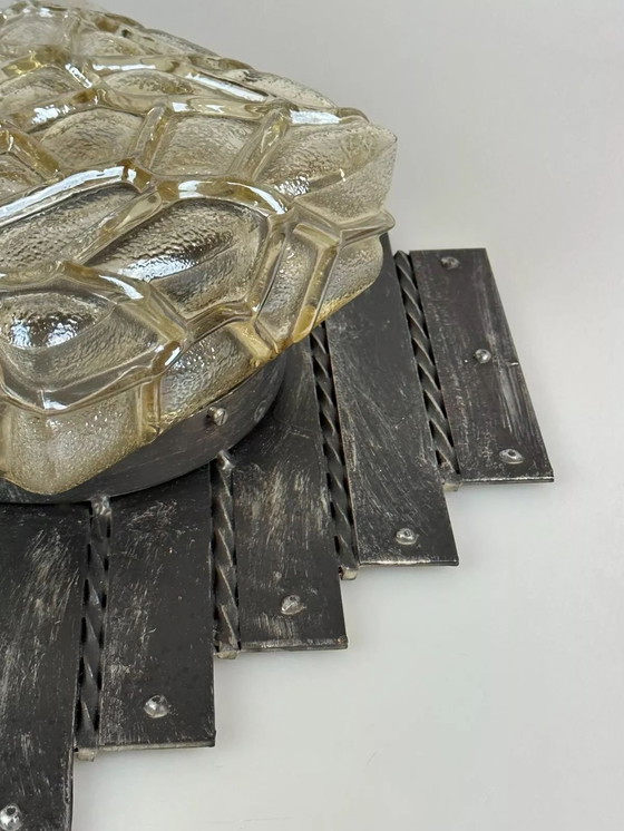 Image 1 of 60s 70s Brutalist Applique murale fer & verre Wall Lamp 60s 70s