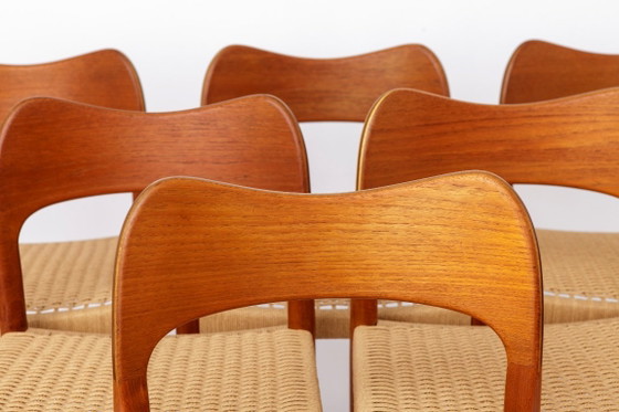 Image 1 of 6 sillas de comedor danesas diseñadas por Arne Hovmand-Olsen para Mogens Kold, sillas de teca de mediados de siglo de la década 