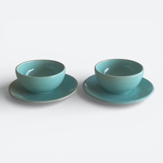 Image 1 of Set van 2 mid-century (1960-1970) handgedraaide steengoed kop-en-schotel sets – studio keramiek 