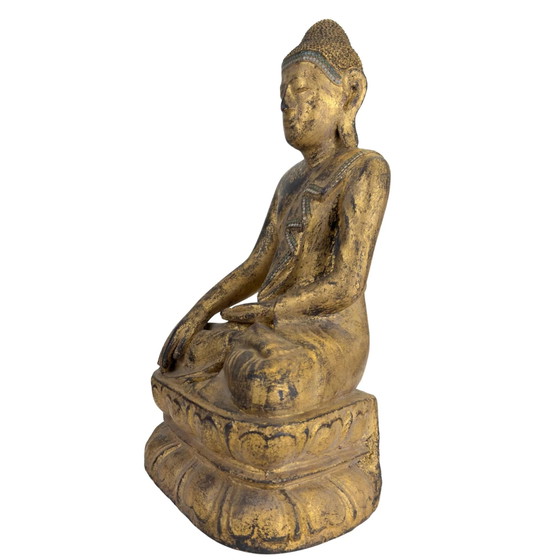Buda antiguo de madera dorada – Estilo Mandalay de Myanmar – Incrustaciones de vidrio – Esculturas, Wood (photo 8 of 11)