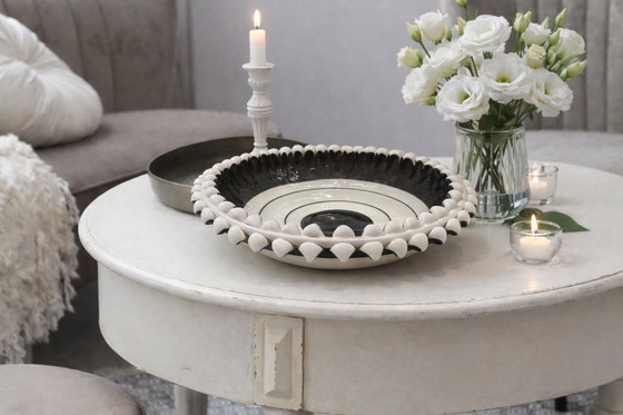 Image 1 of Caltagirone Ceramic Centerpiece, Sicilian Pottery Black & White Geometric Bowl, Hand-Painted Modernist Art, Handmade in Italy