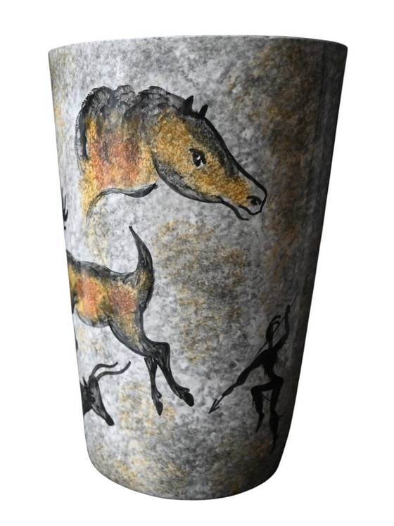 Image 1 of Vaso Vallauris, anni '50 – Decoro preistorico "Lascaux" – Decorazione dipinta a mano – H. 26,5 cm