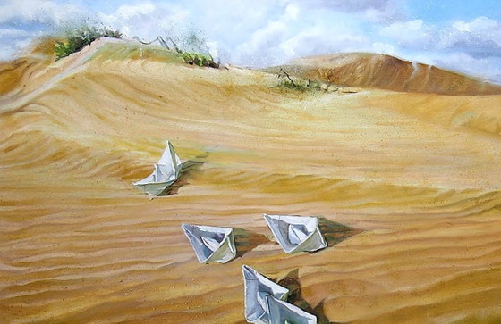 Peinture à l'huile originale, art contemporain, symbolisme, caravane du désert – Peintures et dessins, Canvas (photo 7 of 7)