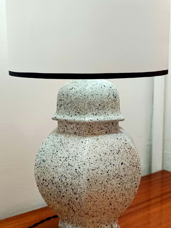 Vintage black and white ceramic lamp with satin lampshade, Table lamps, Textile (photo 7 of 11)