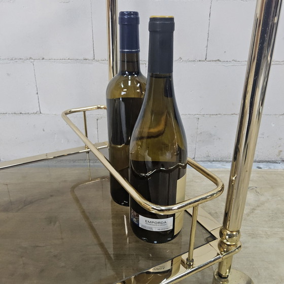 Vintage golden brass bar cart / trolley smoked glass shelves (photo 2 of 15)