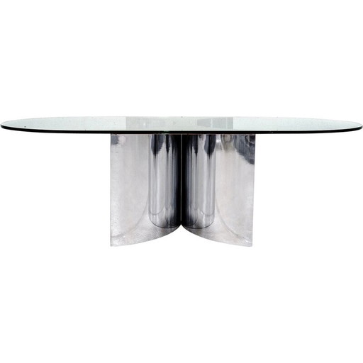 Mesa de centro vintage en acero cromado y tapa de cristal redondeada, Italia 1970