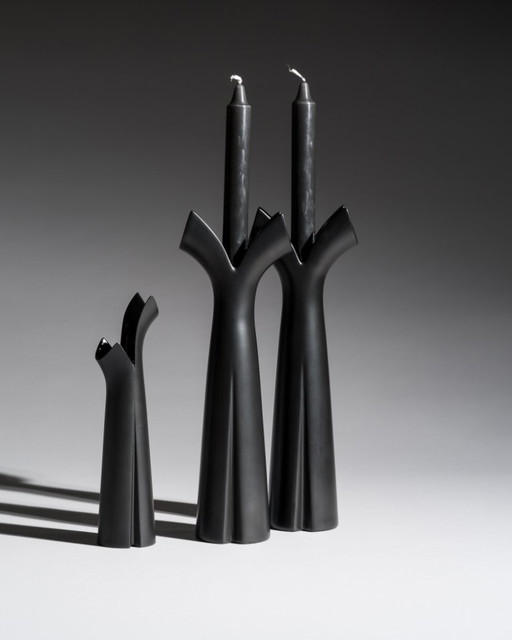 Lino Sabattini Rosenthal "Pianta" Porcelaine Noire Chic Bougeoir Duo & Vase