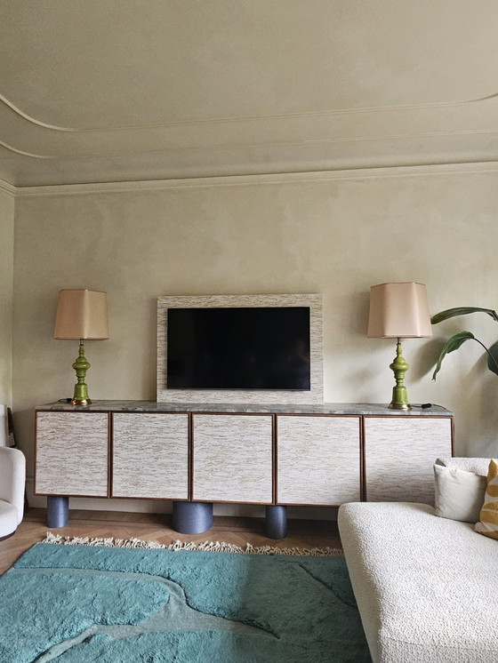 Image 1 of paar vintage groene keramische lampen met nude lampenkap