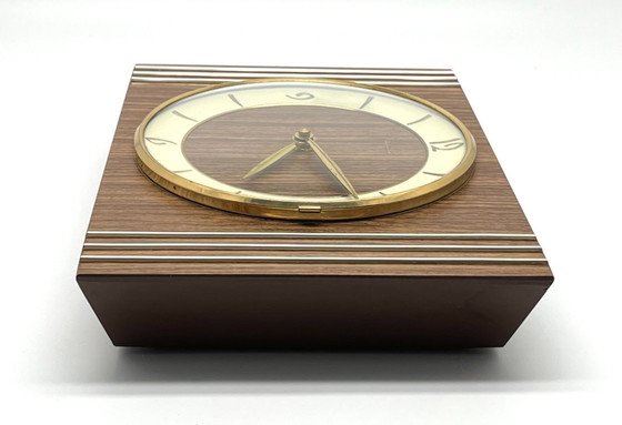 Image 1 of Mid Century Wall / Mantel Clock – Junghans Quartz W756 – Wood & Brass
