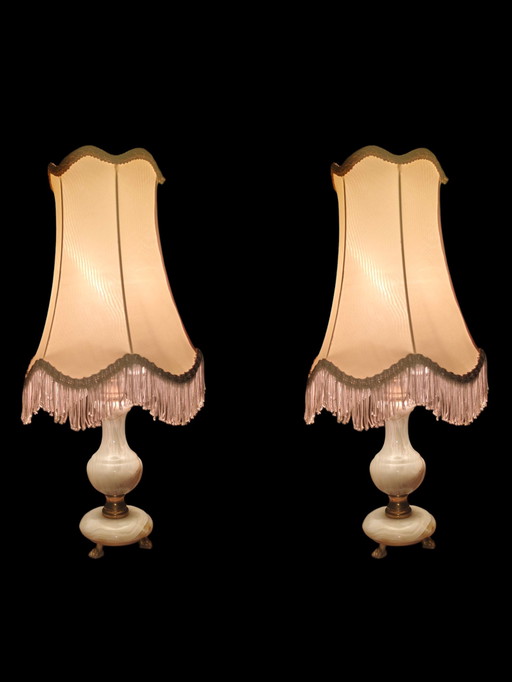 Vintage Onyx Lampenset Italië • G.S.E. Ottone Garantito • Messing Leeuwenpoten / Italiaanse Onyx Lampen Paar Messing Pootvoeten