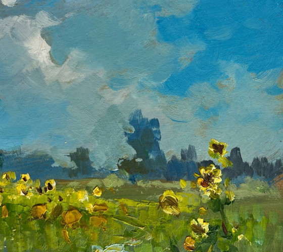 Image 1 of Original Oil Painting Flowers Field Landscape Sunflower fields