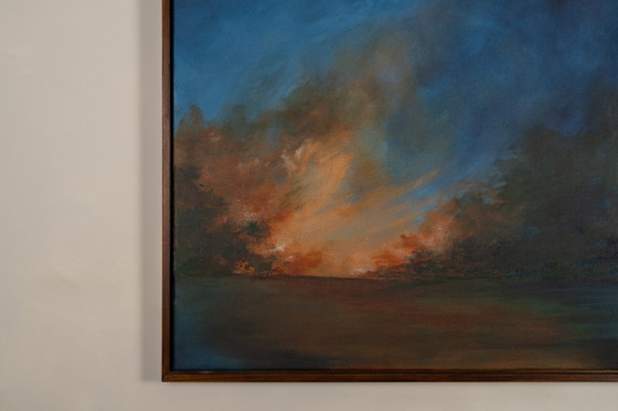 Large Original Blue and Orange Abstract Landscape Painting, Textured Acrylic Canvas - Whispering Embers (photo 4 of 23)