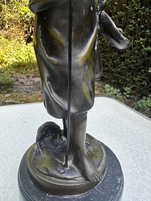 Bronzo con patina verde, "Giovane pescatore" di Hippolyte François Moreau, Francia, circa 1900 (photo 2 of 13)