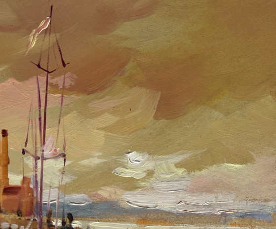 Image 1 of Original Oil Painting Coastal City Landscape The sun is sinking into the sea