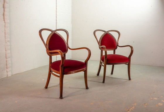 Image 1 of Red Velvet Heartshaped Wooden Vintage Design Side Chairs. Set of 2. 1950s.
