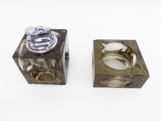 Image 1 of Set cendrier et briquet de table Space Age en verre Murano fumé, Antonio Imperatore, Italie, 1970