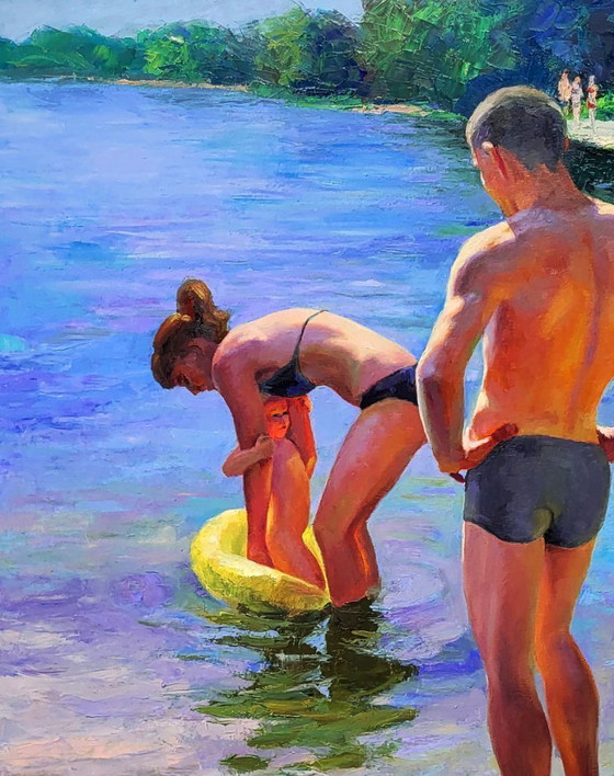 Image 1 of Original Oil Painting Natural Landscape River Happy Summer Childhood