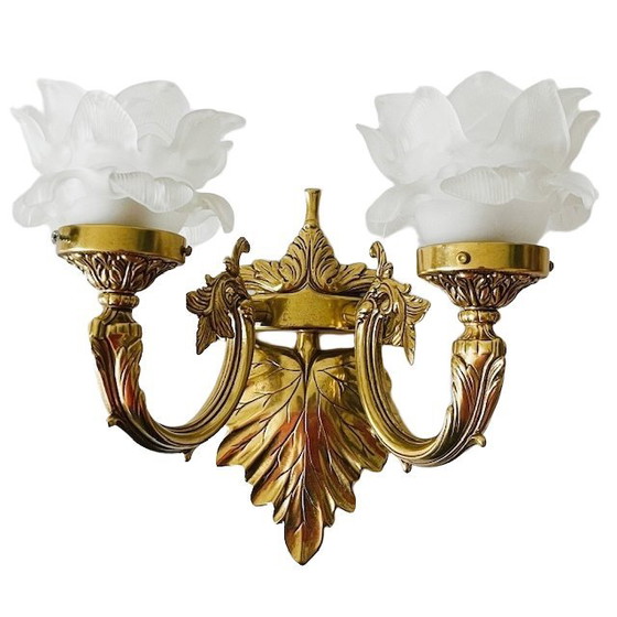 Image 1 of Lampada da parete vintage in ottone barocco rococò di metà secolo, rosa, anni '50