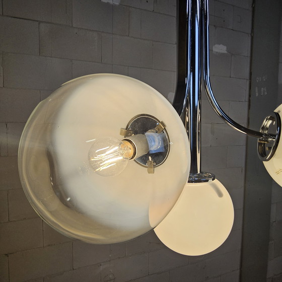 Image 1 of Vintage Space Age Chroom en Murano Glas Italiaanse design Hanglamp (bol glazen) glass pendant lamp