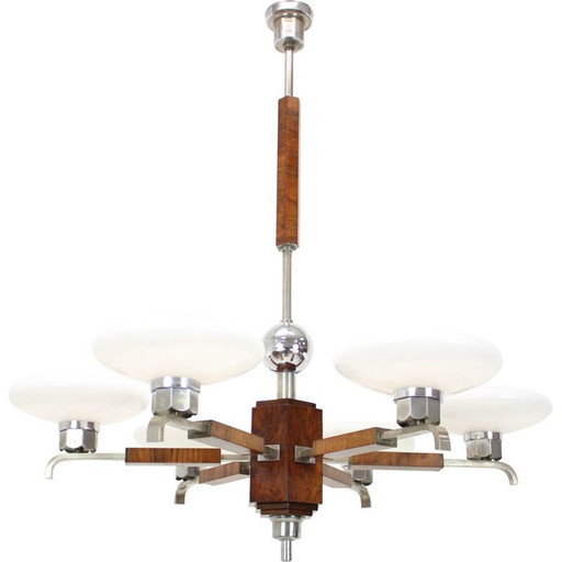 Vintage art deco chandelier in wood and walnut veneer, Czechoslovakia 1930