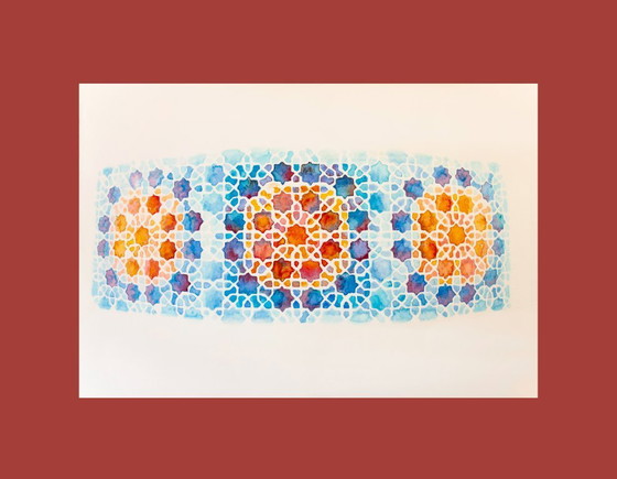 Image 1 of Original watercolor of a Moorish tile. Arabic tile painting. Geometric painting. Watercolor with a geometric motif.