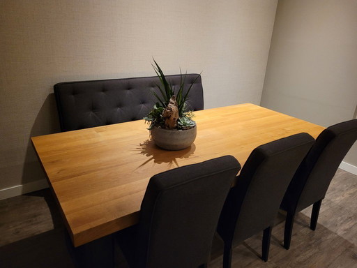 Wooden dining table with dining bench and 4 chairs