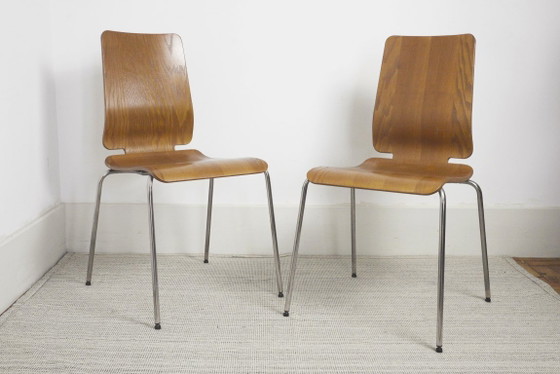 Image 1 of Chaises IKEA Gilbert en teck vintage, ensemble de 6 chaises de salle à manger empilables en contreplaqué de teck, style scandina