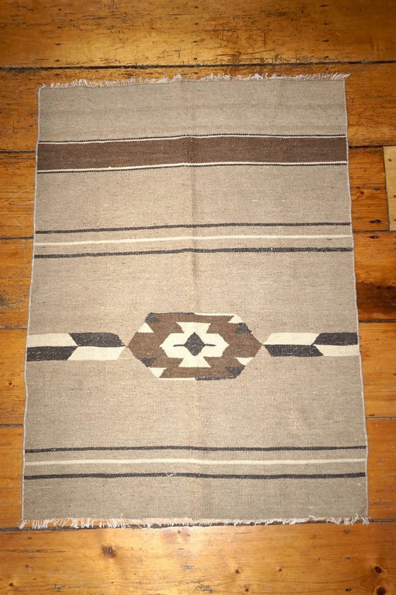 Image 1 of vintage turkish kilim rug * usak region turkey * woven wool * brown beige camel white* geometric design * textile carpet earthy 