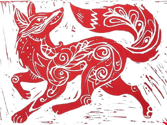 Image 1 of Handgemaakte vos Linosnede Print