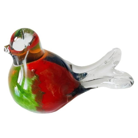 Image 1 of Vintage mondgeblazen multicoloured vogelsculptuur glas presse-papier glazen vogeltje murano stijl vogelbeeldje 1980's