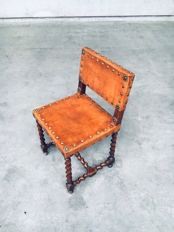 Image 1 of Englische Cromwell-Stühle aus hellbraunem Leder und Eiche, frühes 20. Jahrhundert