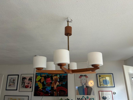 Vintage Mid Century Modern Teak Pendant Lamp Large Teak Frosted Glass – Wood (photo 5 of 14)