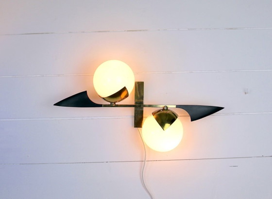 Image 1 of Maison Arlus, midden 20e eeuw, wandlamp van messingglas, Frankrijk, midden 20e eeuw
