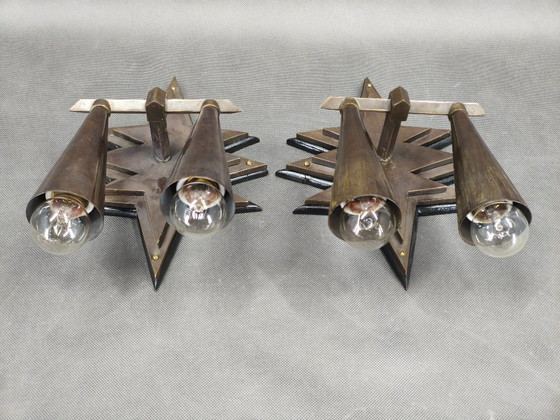 Image 1 of Pair of Czech Cubist Brass Wall Lights, Czechoslovakia, 1920s