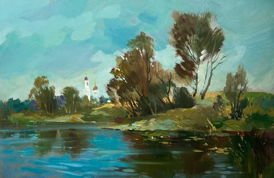 Image 1 of Original Oil Painting Summer Coastal Landscape There is a lake behind the village