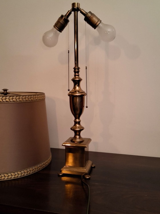 Image 1 of messing tafellamp dubbele lamp met trekkoord 