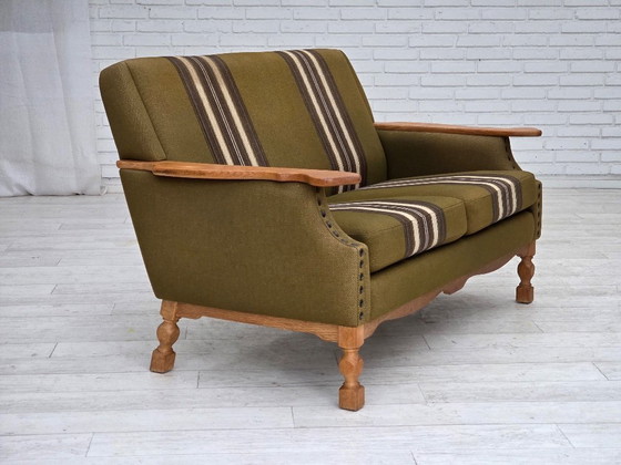 Image 1 of Sofá danés de 2 plazas, década de 1970, lana de muebles verde, madera de roble.