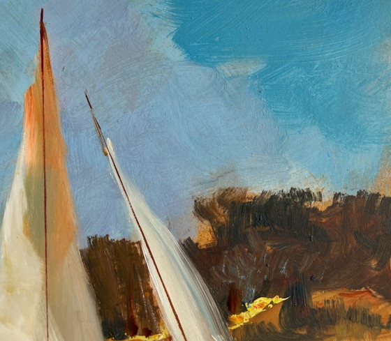 Image 1 of Original Oil Painting River Boats Landscape Sailing on a yacht