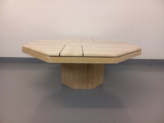 Image 1 of Vintage octagonal travertine coffee table with geometric pattern from the 70s and 80s
