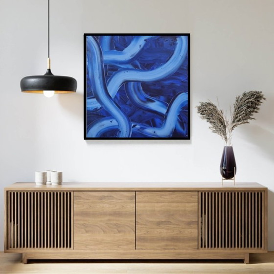 Image 1 of Frances Eckhardt - 50x50 cm handgeschilderd abstract blauw schilderijtje ingelijst