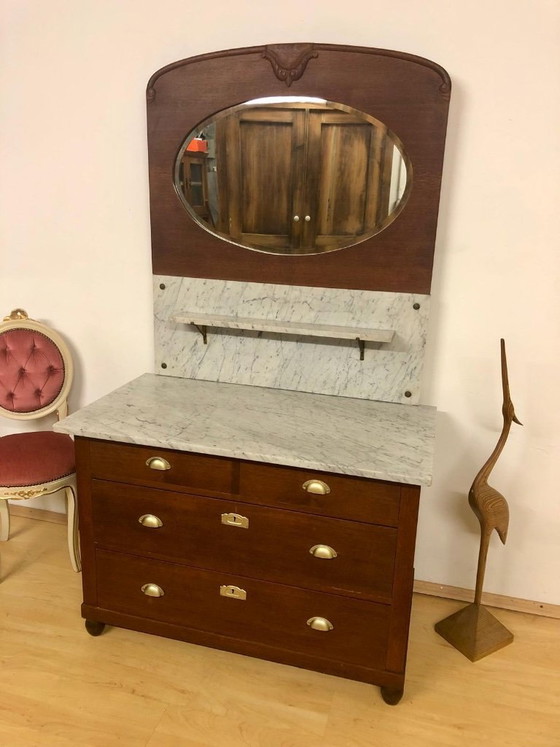 Image 1 of Jugendstil Kommode / Art Deco Kommode / Waschtisch / Schminktisch / Spiegelkommode mit Marmorplatte und facettiertem Spiegel um 