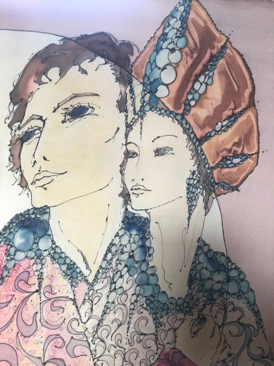 Image 1 of dipinto romantico da favola vintage degli anni '70 su seta