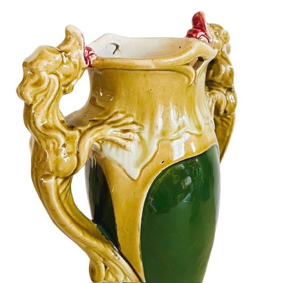 Image 1 of Antique XL Art Nouveau Barbotine vase green ceramic Majolica 1900's