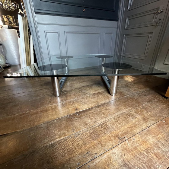 Grande table basse/de salon carrée italienne en acier tubulaire chromé, années 1970 – Livres d'art, Glass (photo 12 of 18)
