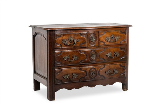 Parijse commode met 5 laden, van massief walnotenhout, uit de Lodewijk XIV-periode. – H.E., ladekasten, Wood, Bronze